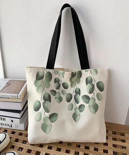 Elegant White Greenery Print Canvas Satchel Handbag LY1765 - fabuloryshop