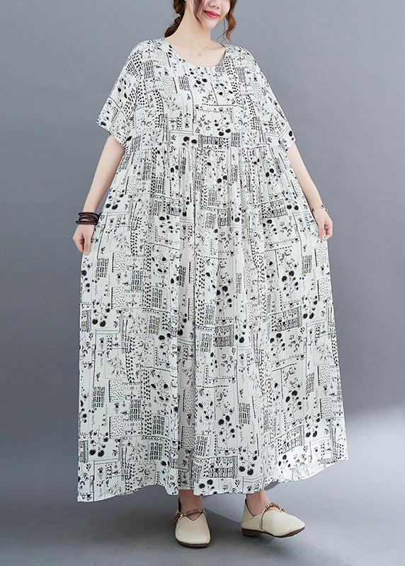 Elegant White O-Neck Patchwork Wrinkled Party Maxi Dress Short Sleeve Ada Fashion