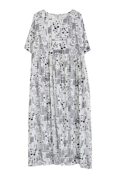 Elegant White O-Neck Patchwork Wrinkled Party Maxi Dress Short Sleeve Ada Fashion