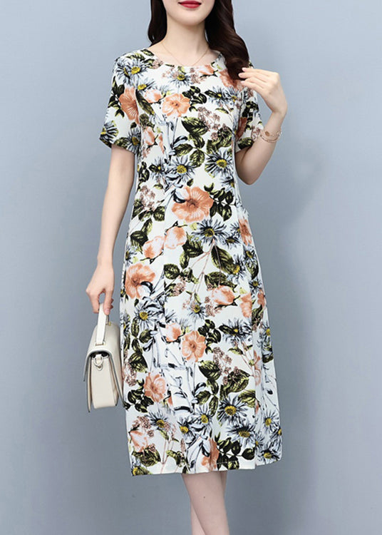 Elegant White O-Neck Print Slim Silk Vacation Maxi Dresses Summer LC0052 - fabuloryshop