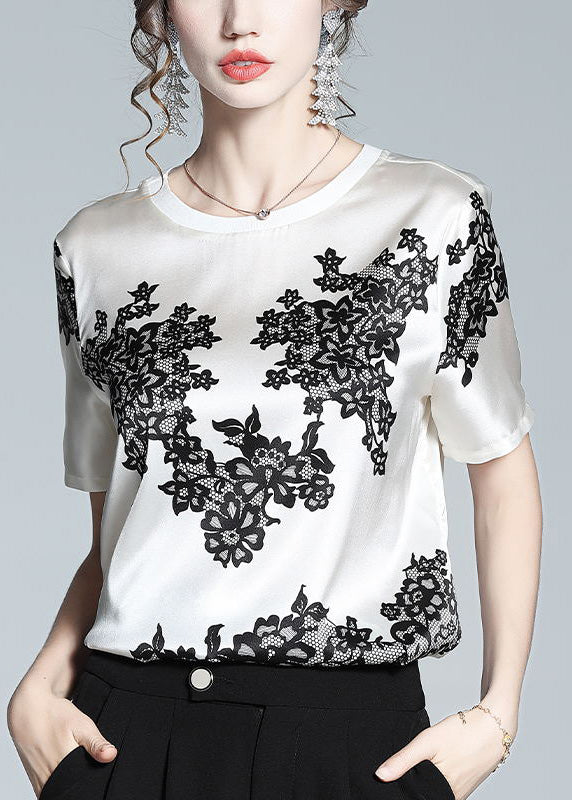 Elegant White O-Neck Print T Shirt Short Sleeve LY1044 - fabuloryshop