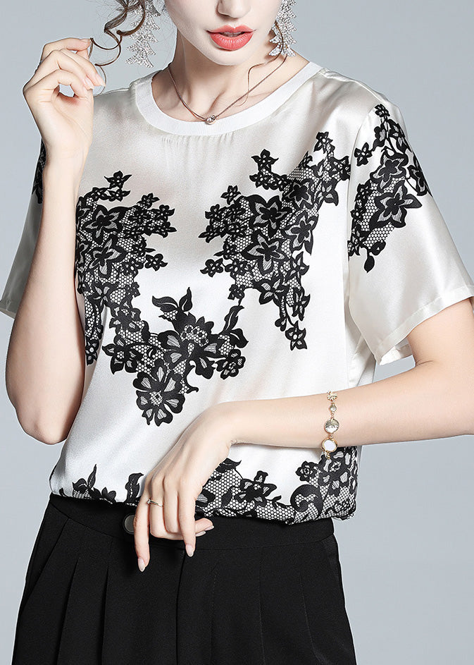 Elegant White O-Neck Print T Shirt Short Sleeve LY1044 - fabuloryshop