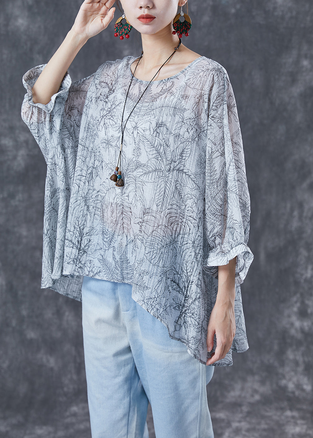 Elegant White Oversized Print Low High Design Cotton Tanks Batwing Sleeve LY4042 - fabuloryshop