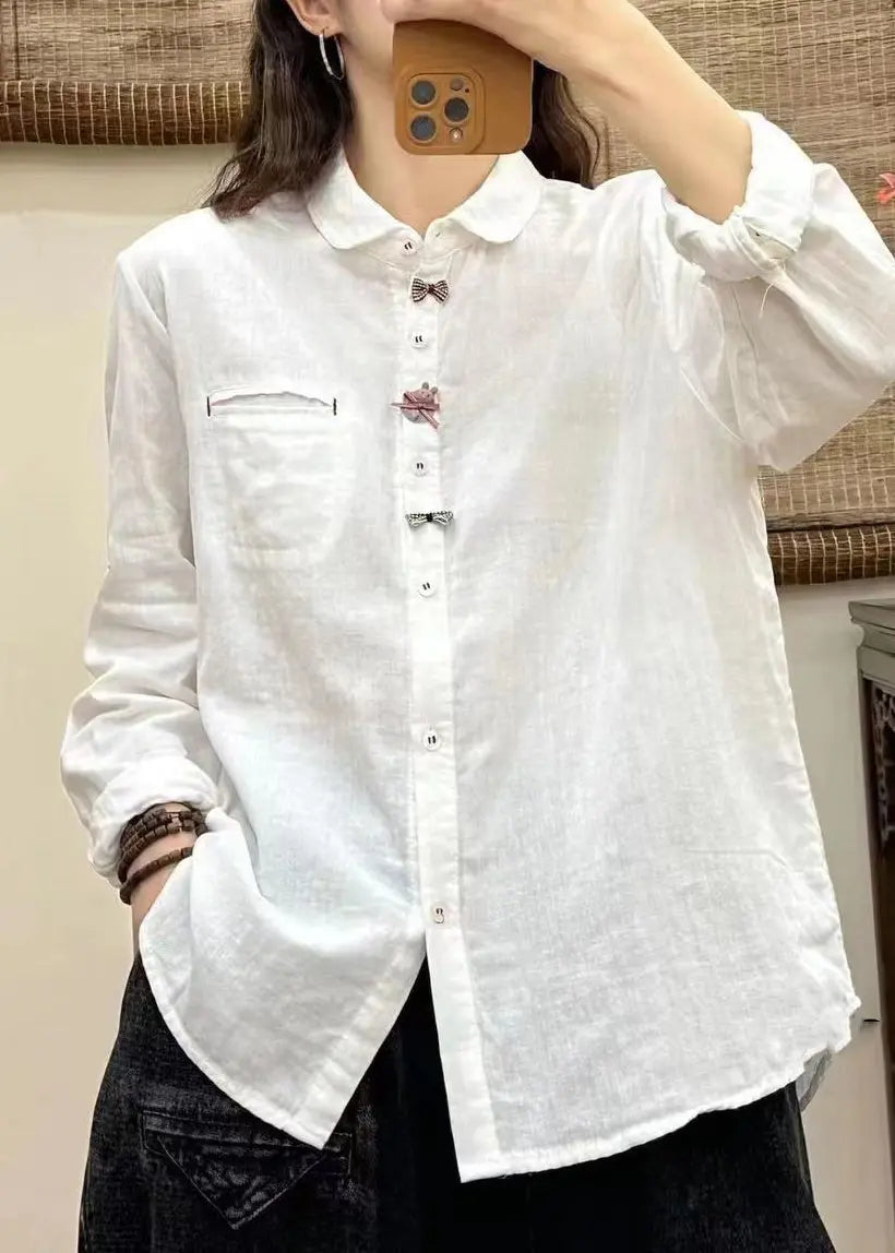 Elegant White Peter Pan Collar Button Bow Shirt Long Sleeve Ada Fashion