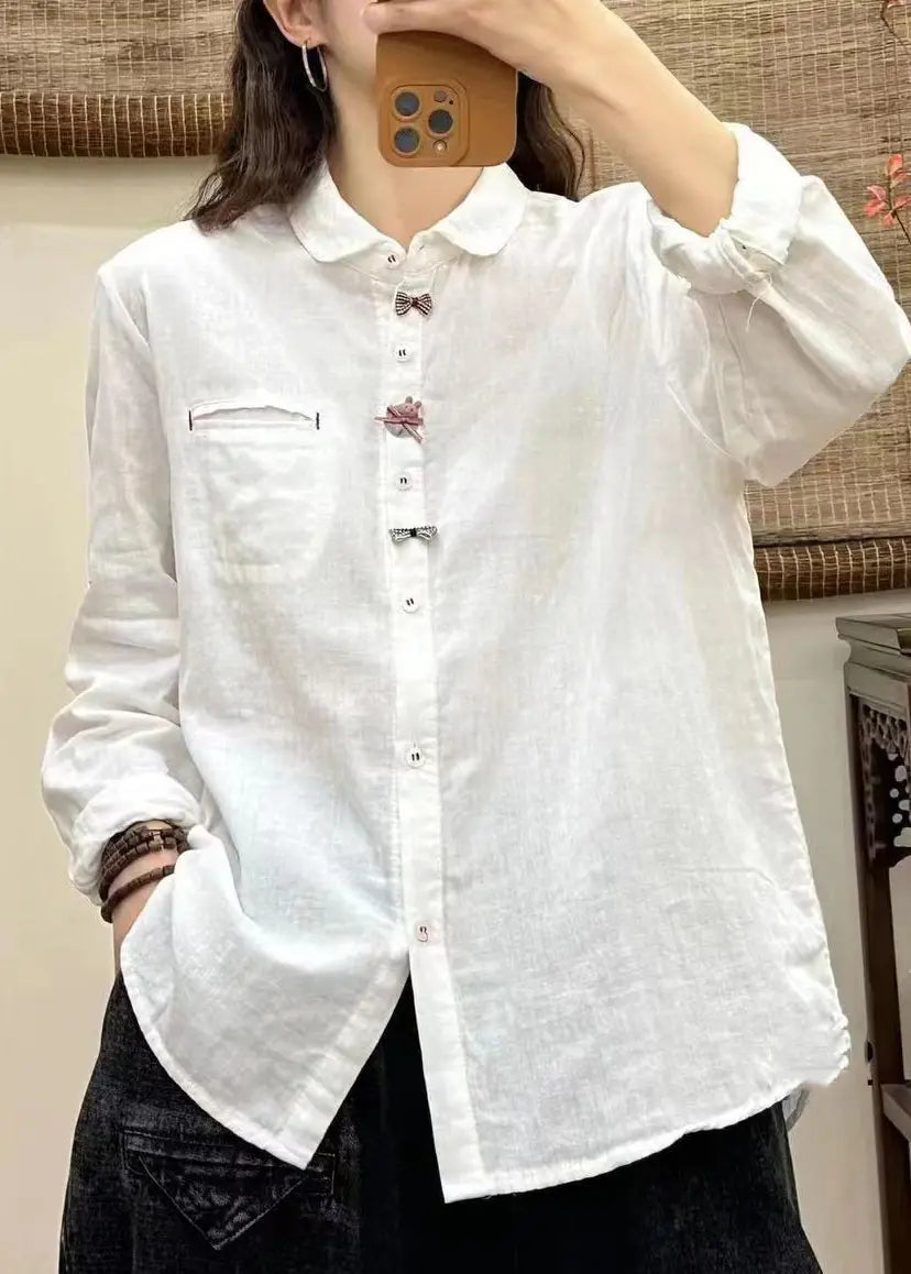 Elegant White Peter Pan Collar Button Bow Shirt Long Sleeve Ada Fashion