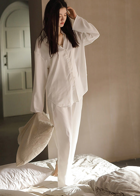 Elegant White Peter Pan Collar Button Solid Ice Silk Pajamas Two Piece Set Spring TO1040