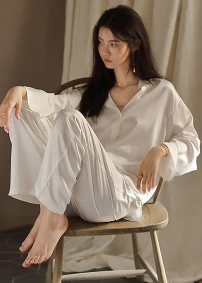 Elegant White Peter Pan Collar Button Solid Ice Silk Pajamas Two Piece Set Spring TO1040 - fabuloryshop