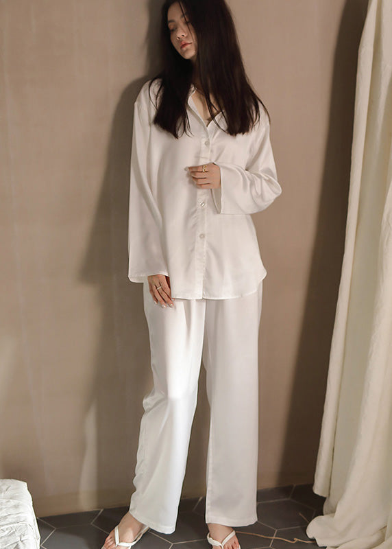 Elegant White Peter Pan Collar Button Solid Ice Silk Pajamas Two Piece Set Spring TO1040 - fabuloryshop