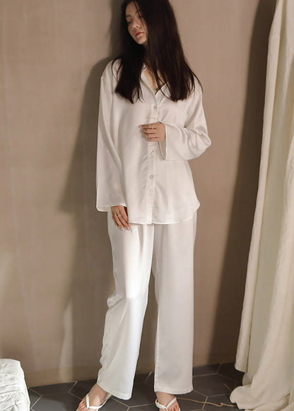 Elegant White Peter Pan Collar Button Solid Ice Silk Pajamas Two Piece Set Spring LY1907 - fabuloryshop