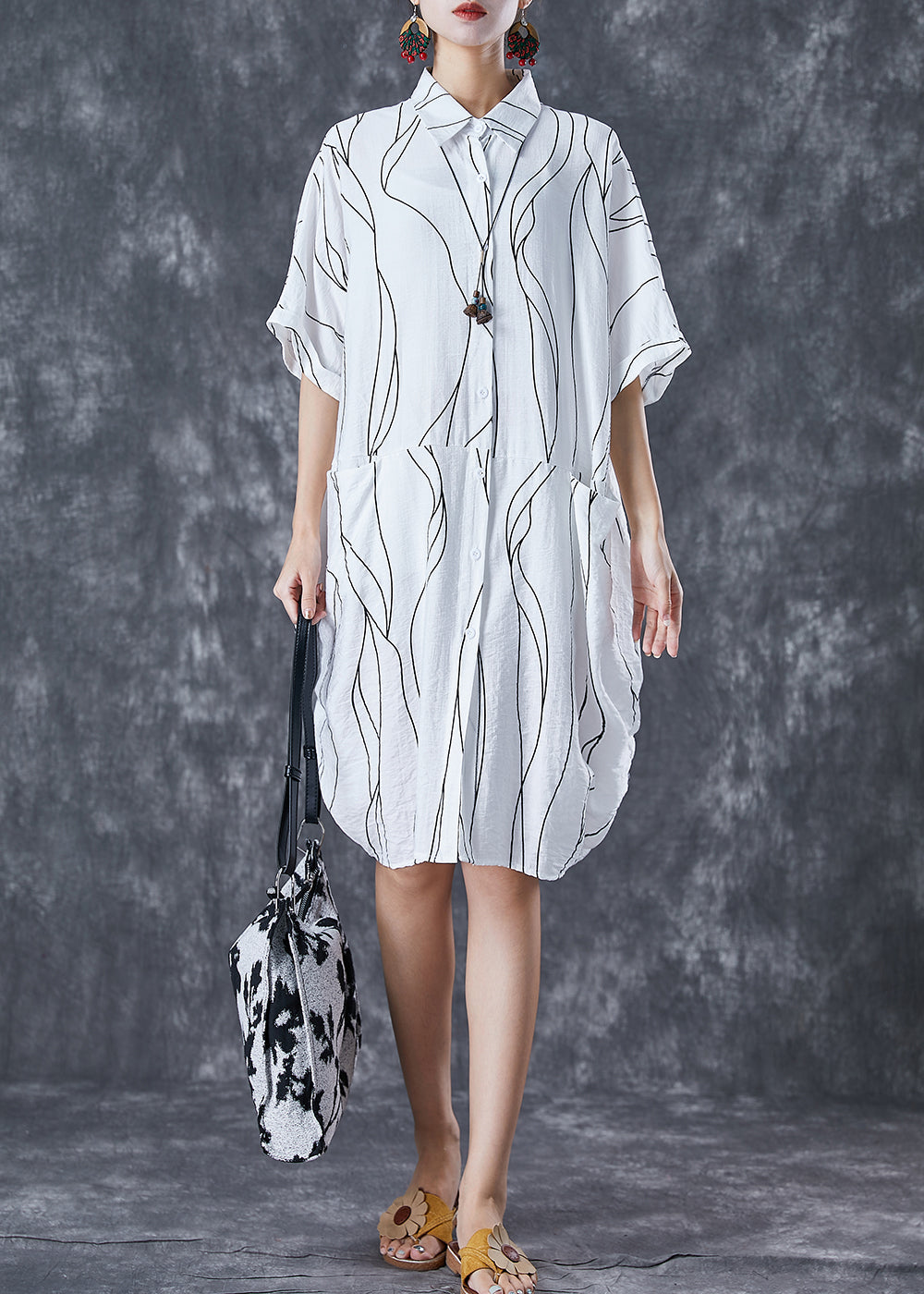 Elegant White Peter Pan Collar Striped Cotton Dresses Summer Ada Fashion