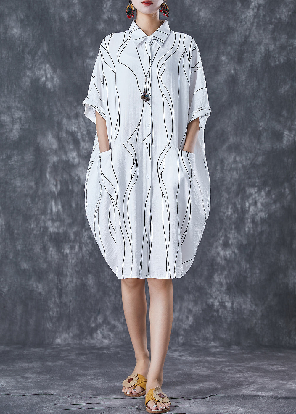 Elegant White Peter Pan Collar Striped Cotton Dresses Summer Ada Fashion