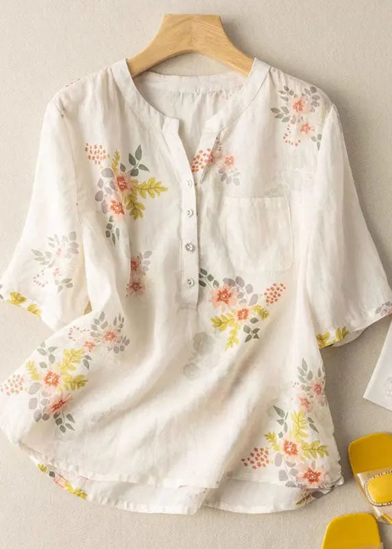 Elegant White Print Pockets Patchwork Linen T Shirt Summer Ada Fashion