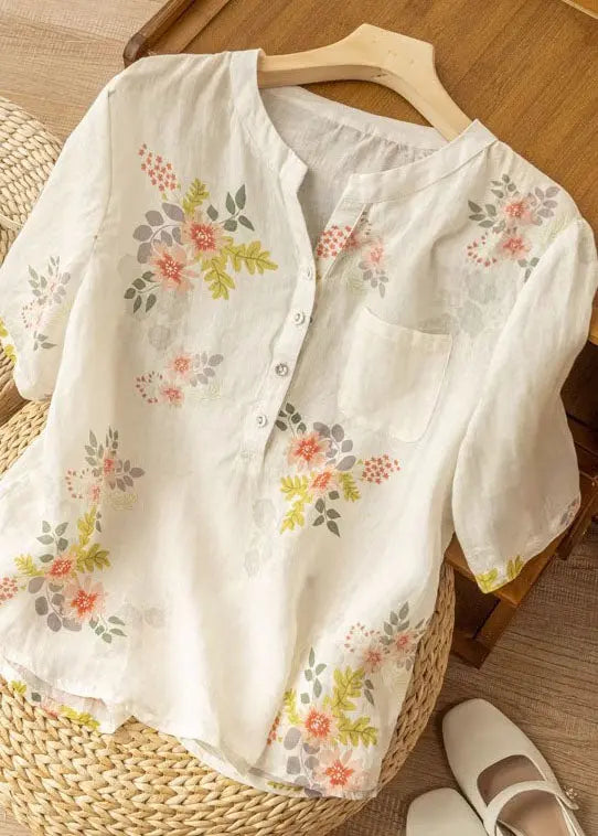 Elegant White Print Pockets Patchwork Linen T Shirt Summer Ada Fashion