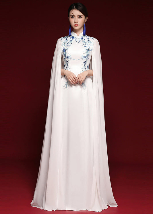 Elegant White Stand Collar Embroideried Patchwork Chiffon Maxi Dresses Fall Ada Fashion