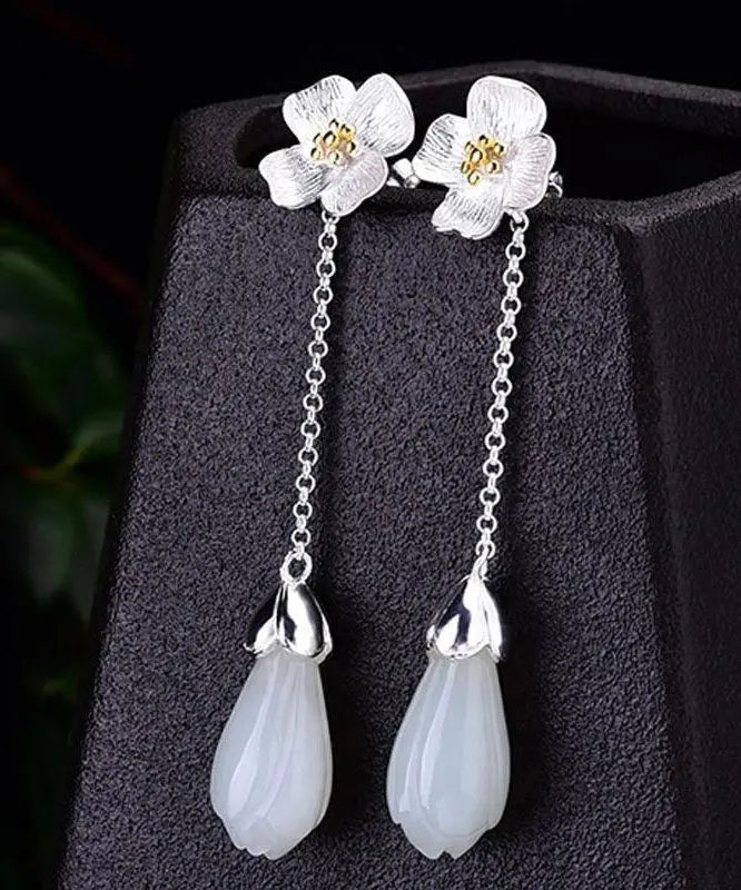 Elegant White Sterling Silver Inlaid Jade Floral Drop Earrings Ada Fashion