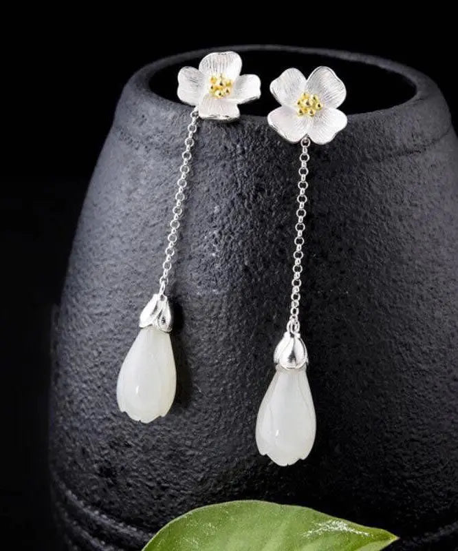 Elegant White Sterling Silver Inlaid Jade Floral Drop Earrings Ada Fashion