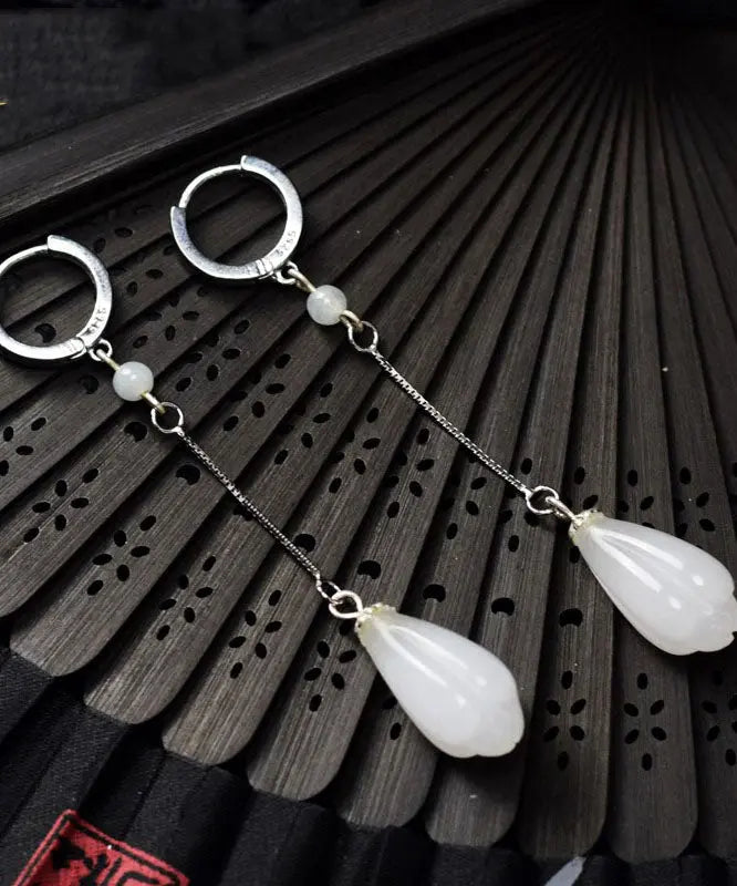 Elegant White Sterling Silver Jade Drip Drop Earrings Ada Fashion