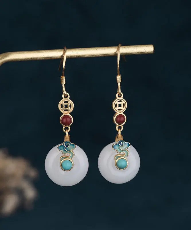 Elegant White Sterling Silver Overgild Inlaid Jade Xiang Yun Drop Earrings Ada Fashion