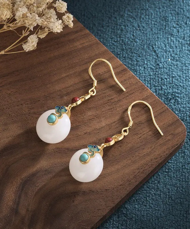 Elegant White Sterling Silver Overgild Inlaid Jade Xiang Yun Drop Earrings Ada Fashion