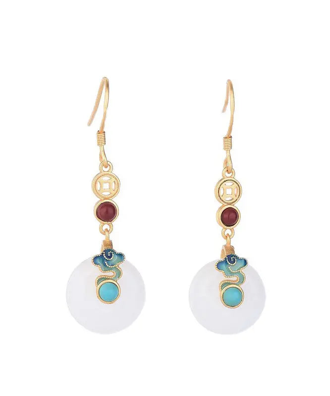 Elegant White Sterling Silver Overgild Inlaid Jade Xiang Yun Drop Earrings Ada Fashion