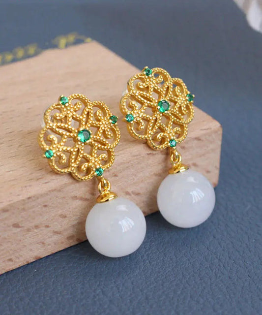 Elegant White Sterling Silver Overgild Jade Clover Hollow Out Drop Earrings Ada Fashion