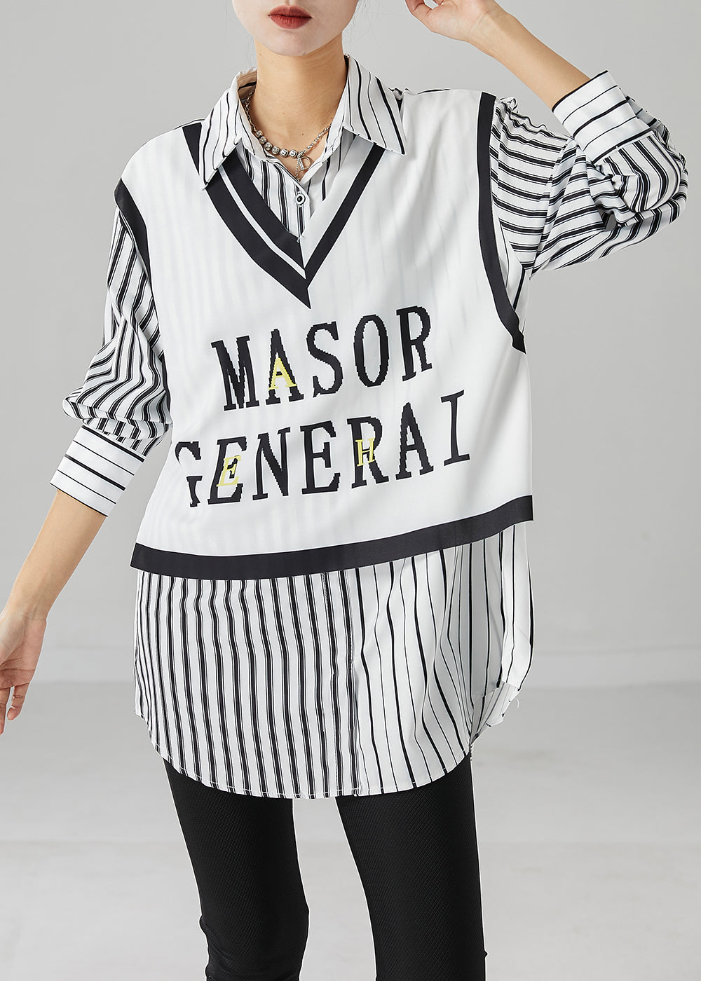 Elegant White Striped Patchwork Cotton Shirt Top Fall Ada Fashion