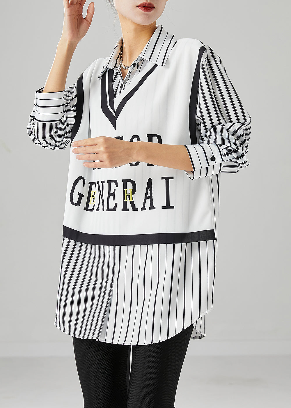 Elegant White Striped Patchwork Cotton Shirt Top Fall Ada Fashion