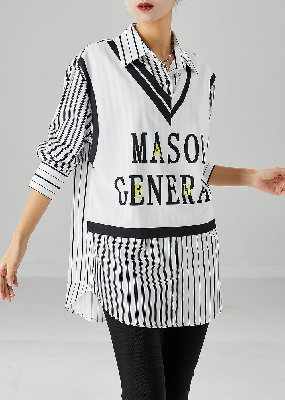 Elegant White Striped Patchwork Cotton Shirt Top Fall Ada Fashion