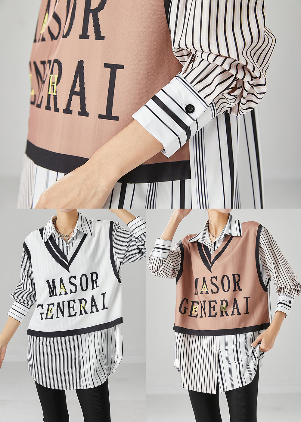 Elegant White Striped Patchwork Cotton Shirt Top Fall Ada Fashion