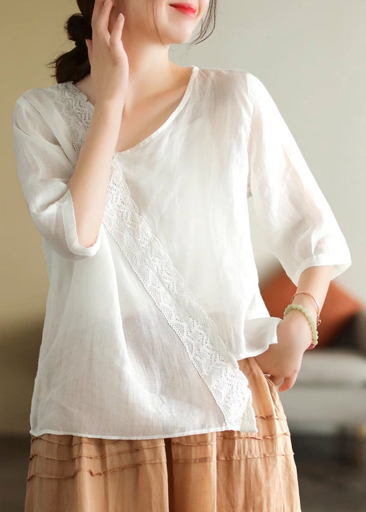 Elegant White V Neck Lace Patchwork T Shirt Short Sleeve LY4429 - fabuloryshop