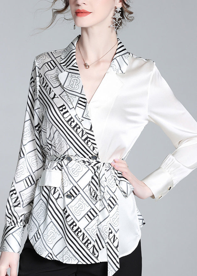 Elegant White V Neck Patchwork Print Tie Waist Silk Shirt Long Sleeve LY0090 - fabuloryshop