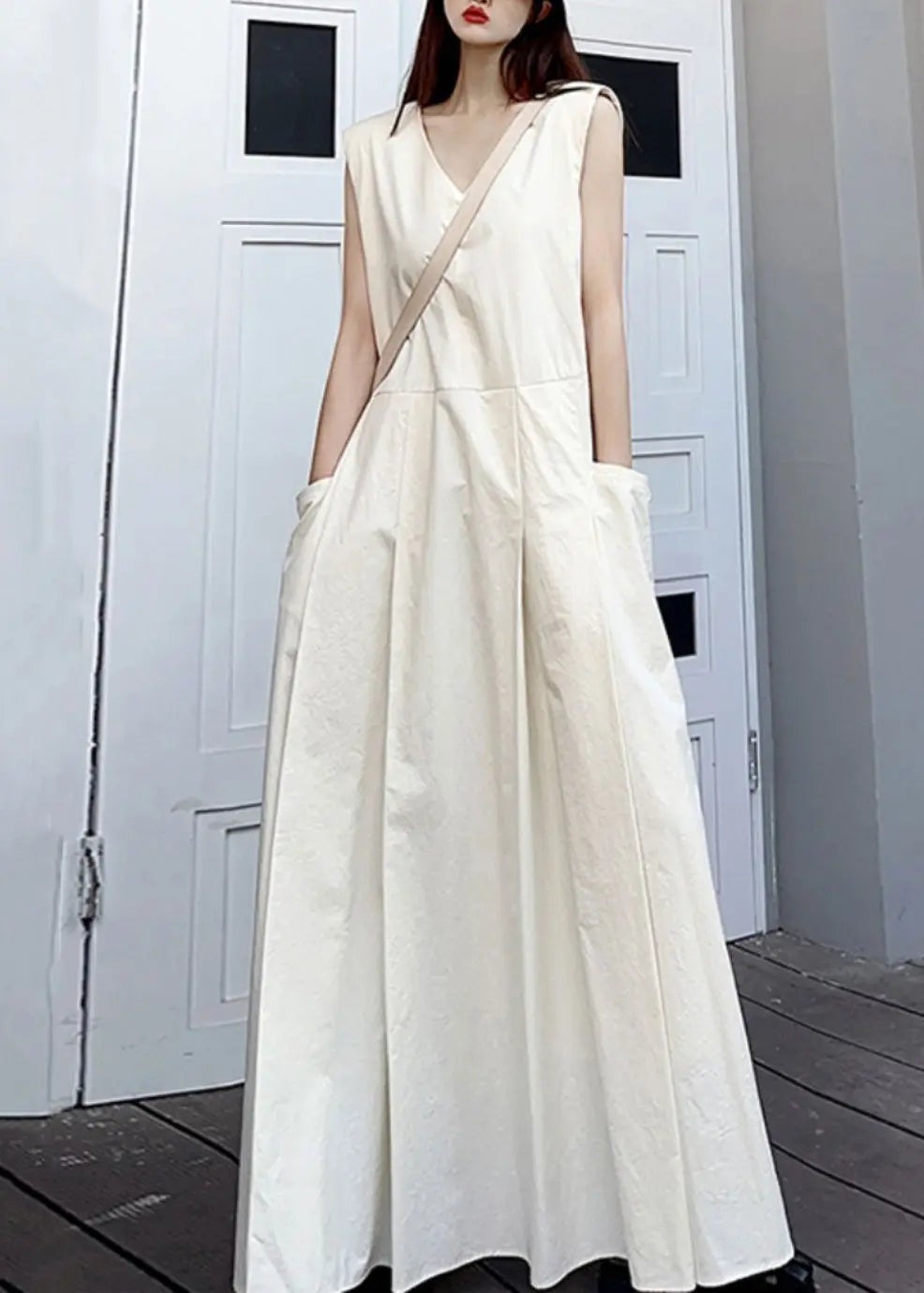 Elegant White V Neck Pockets Patchwork Cotton Maxi Dresses Sleeveless Ada Fashion