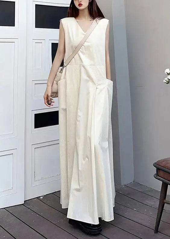 Elegant White V Neck Pockets Patchwork Cotton Maxi Dresses Sleeveless Ada Fashion