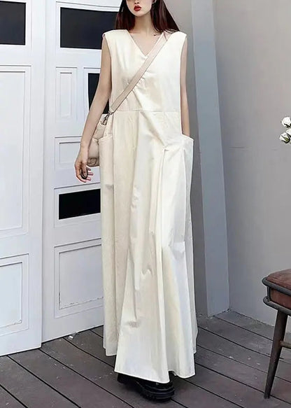 Elegant White V Neck Pockets Patchwork Cotton Maxi Dresses Sleeveless Ada Fashion