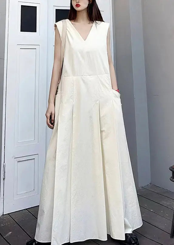 Elegant White V Neck Pockets Patchwork Cotton Maxi Dresses Sleeveless Ada Fashion