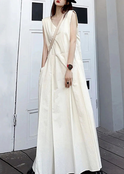 Elegant White V Neck Pockets Patchwork Cotton Maxi Dresses Sleeveless Ada Fashion