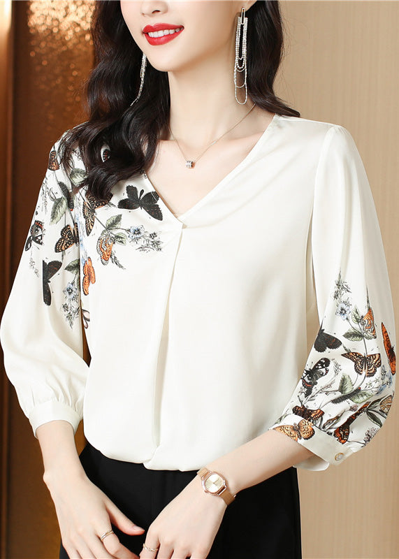 Elegant White V Neck Print Silk Top Long Sleeve LY0407 - fabuloryshop