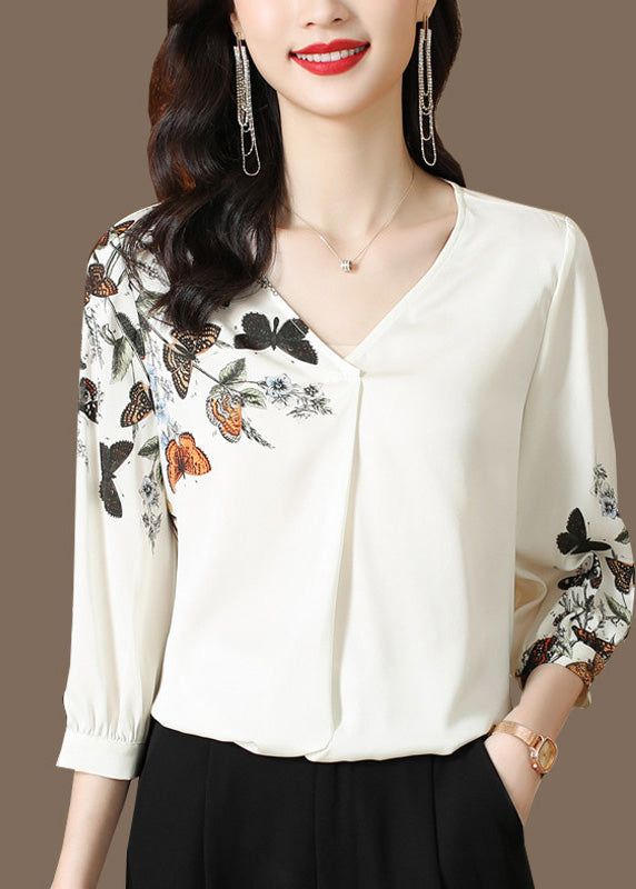 Elegant White V Neck Print Silk Top Long Sleeve LY0407 - fabuloryshop