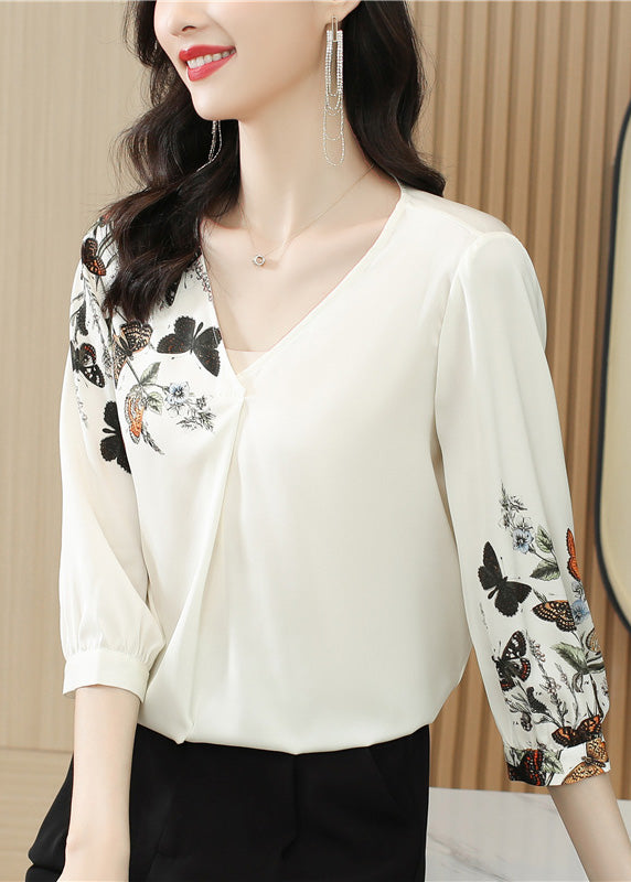 Elegant White V Neck Print Silk Top Long Sleeve LY0407 - fabuloryshop