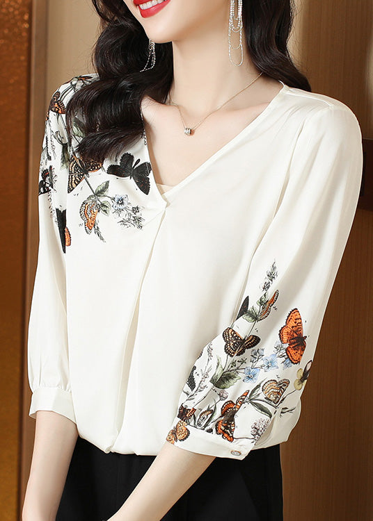 Elegant White V Neck Print Silk Top Long Sleeve LY0407 - fabuloryshop