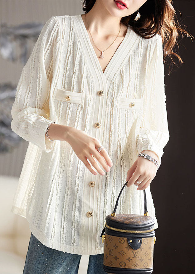 Elegant White V Neck Ruffled Patchwork Lace Top Fall Ada Fashion