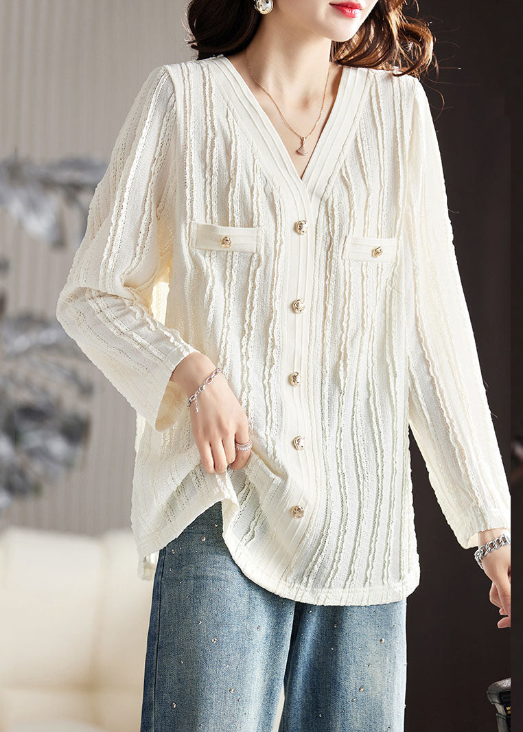 Elegant White V Neck Ruffled Patchwork Lace Top Fall Ada Fashion