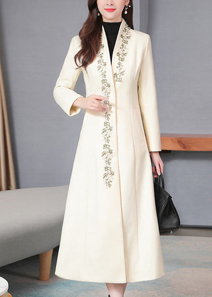 Elegant White V Neck Woolen Long Trench Coats Spring LY1713 - fabuloryshop