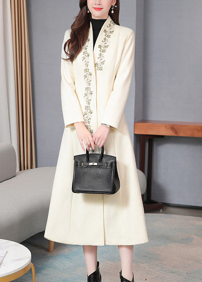 Elegant White V Neck Woolen Long Trench Coats Spring LY1713 - fabuloryshop