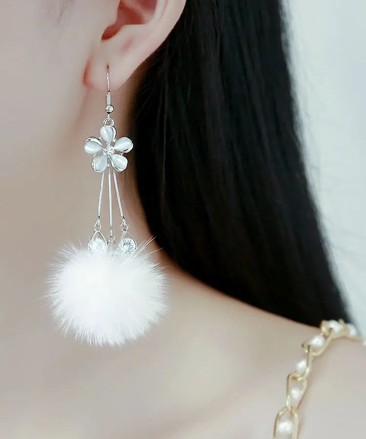 Elegant White Zircon Crystal Pearl Mink Hair Floral Drop Earrings Ada Fashion