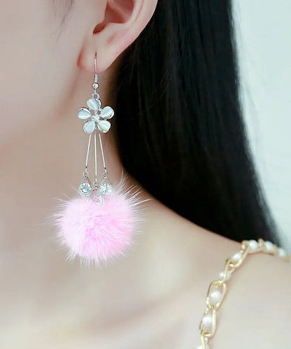 Elegant White Zircon Crystal Pearl Mink Hair Floral Drop Earrings Ada Fashion