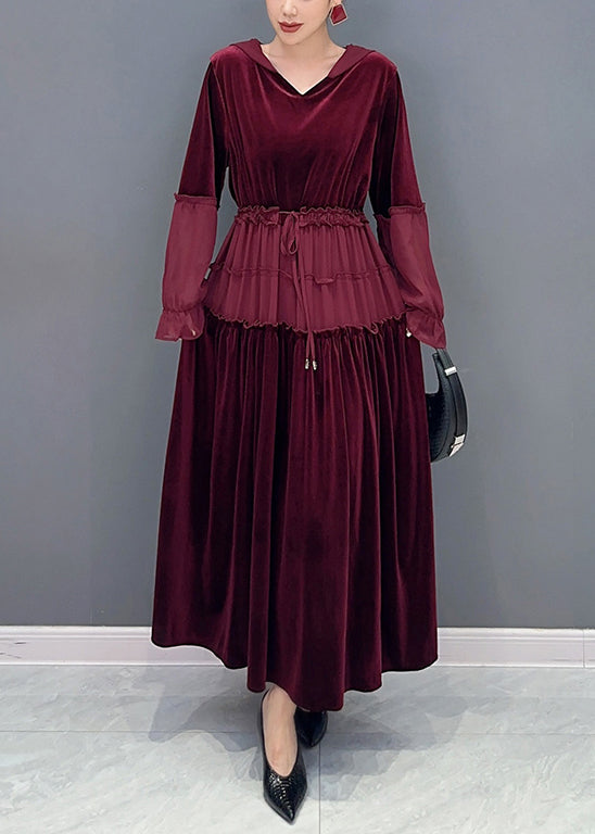 Elegant Wine Red Ruffled Lace Up Patchwork Velour Long Dresses Fall Ada Fashion