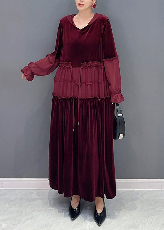 Elegant Wine Red Ruffled Lace Up Patchwork Velour Long Dresses Fall Ada Fashion