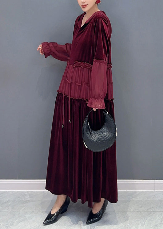 Elegant Wine Red Ruffled Lace Up Patchwork Velour Long Dresses Fall Ada Fashion