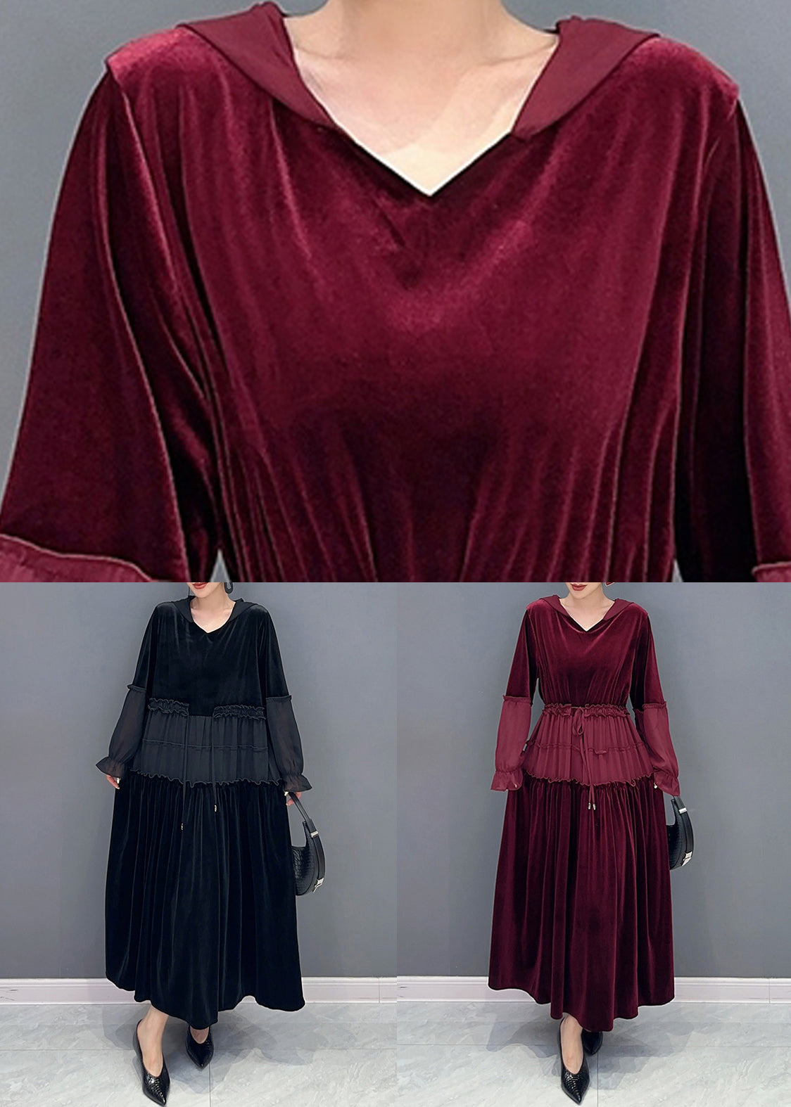 Elegant Wine Red Ruffled Lace Up Patchwork Velour Long Dresses Fall Ada Fashion